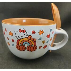 Rare Hello Kitty by Sanrio Soup Mug With Spoon Pumpkin Fall Leaves Design 24 Oz.